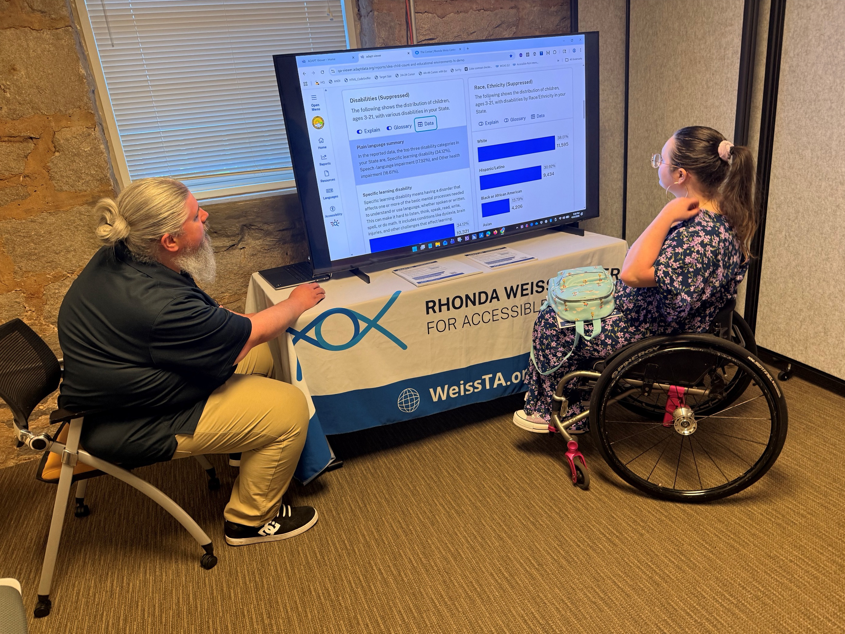 A person sitting in a chair and another person in a wheelchair both reading from a large display of the ADAPT website. The table beneath the display is covered with a banner for the Rhonda Weiss Center for Accessible IDEA Data.